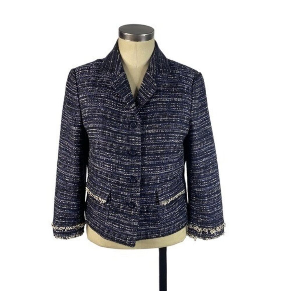 Ann Taylor Cotton Blend Tweed Fringe Trim Blazer Jacket 6 Navy Blue Black Ivory